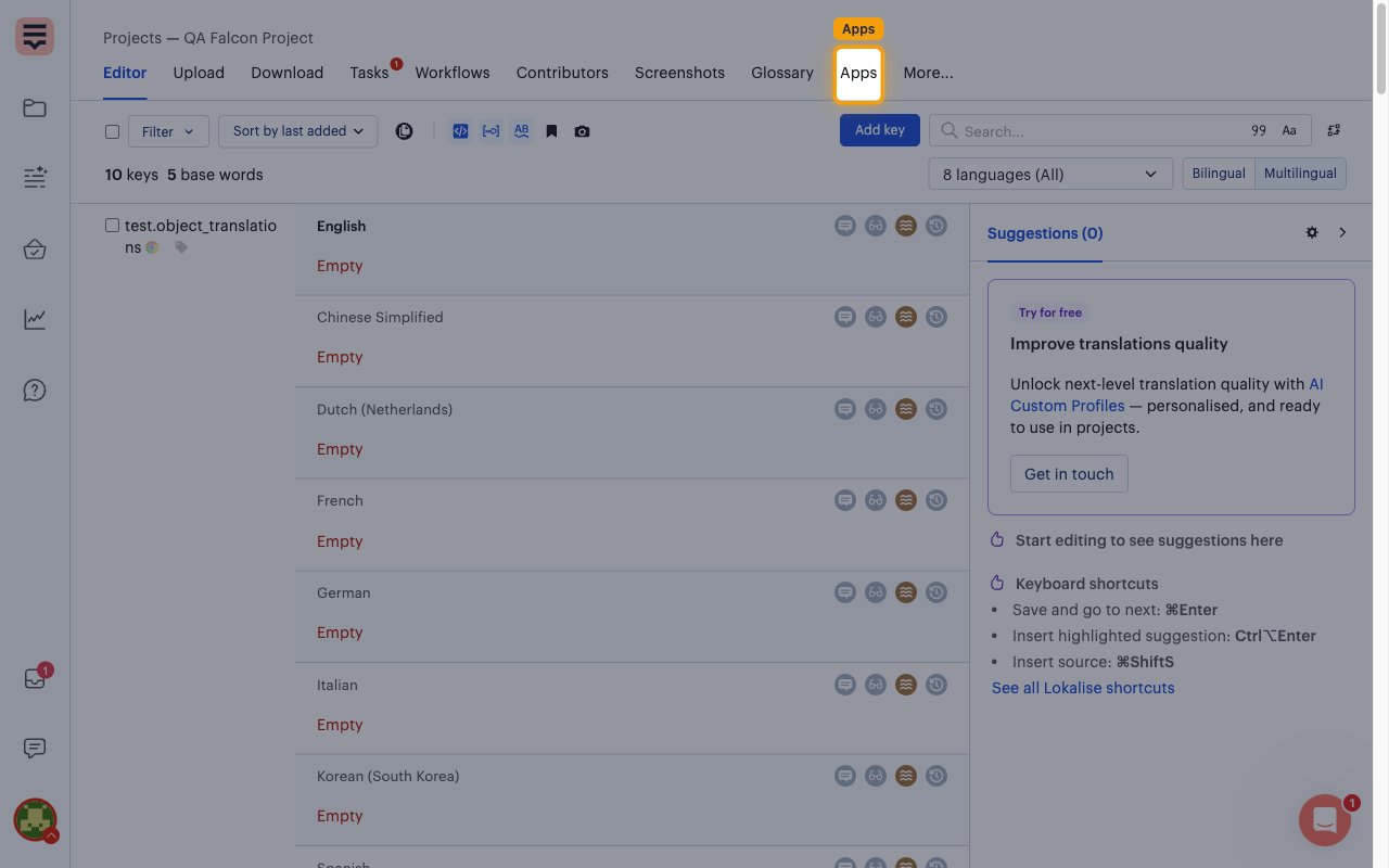 The Lokalise project editor with the Apps tab highlighted