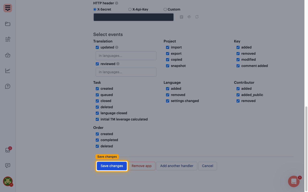 The Save changes button at the bottom of the Webhooks configuration highlighted