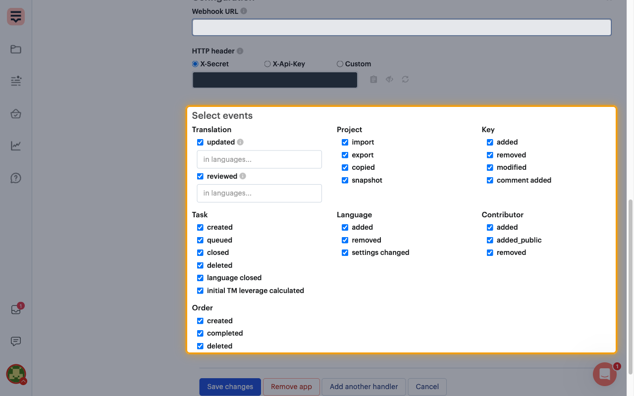 The Select events checklist of the new handler with every event ticked