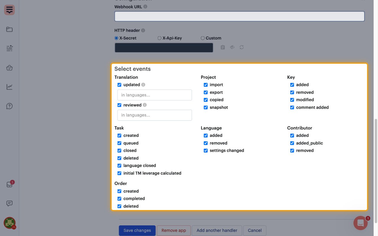 The Select events checklist of the new handler with every event ticked
