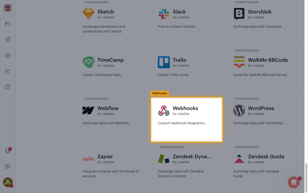 The Lokalise apps list with the Webhooks app card highlighted