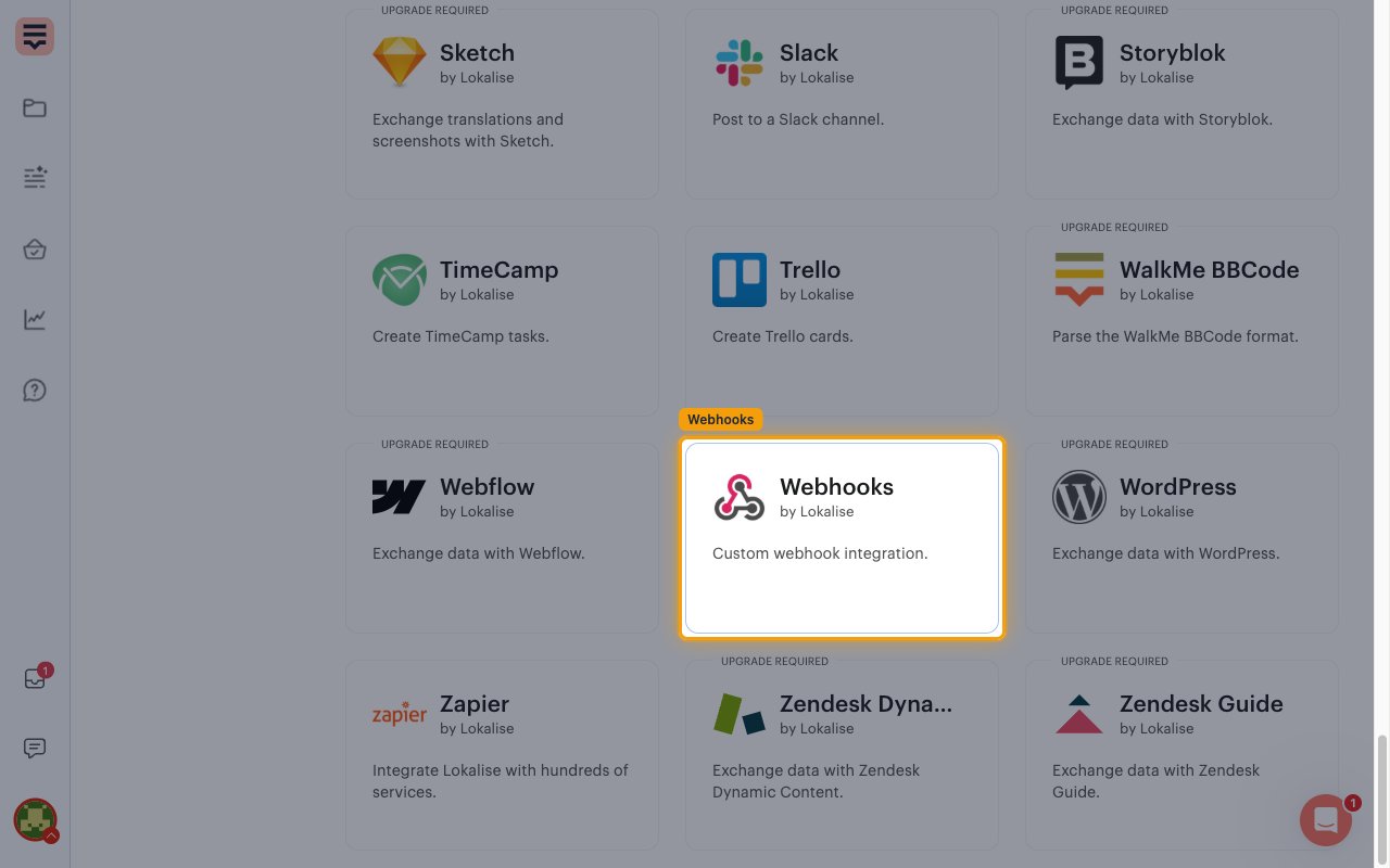The Lokalise apps list with the Webhooks app card highlighted