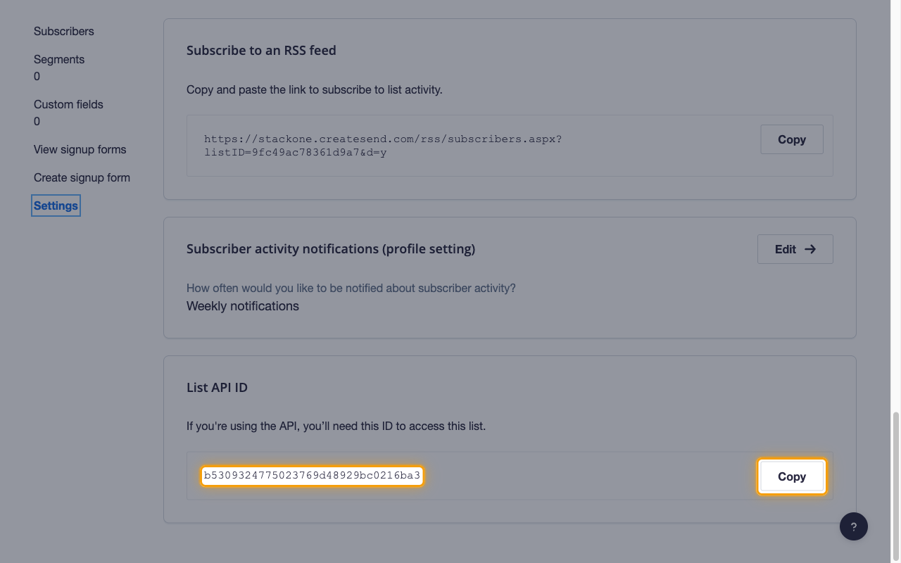 The list Settings page with the List API ID value and its Copy button highlighted
