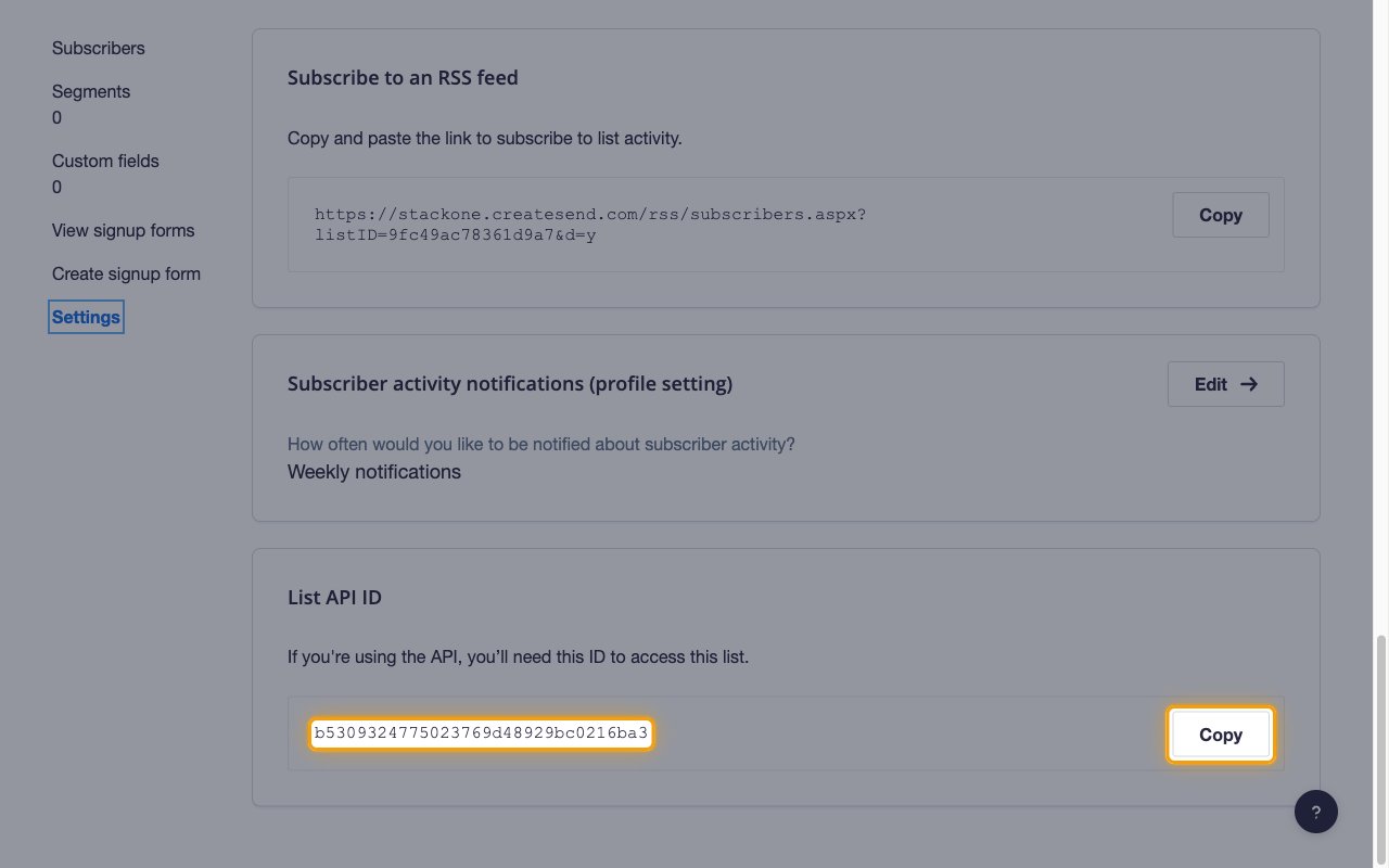 The list Settings page with the List API ID value and its Copy button highlighted