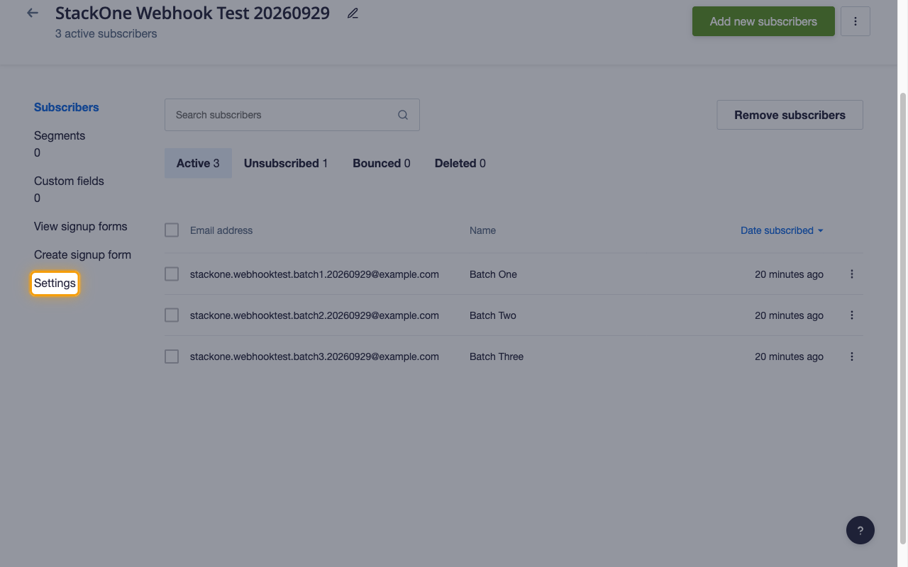 A subscriber list page with Settings highlighted in the left menu