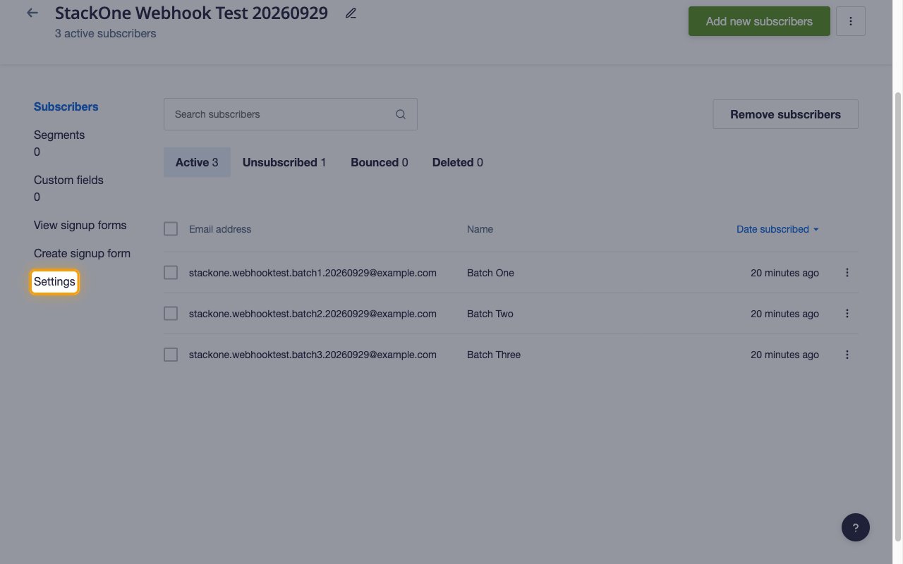 A subscriber list page with Settings highlighted in the left menu