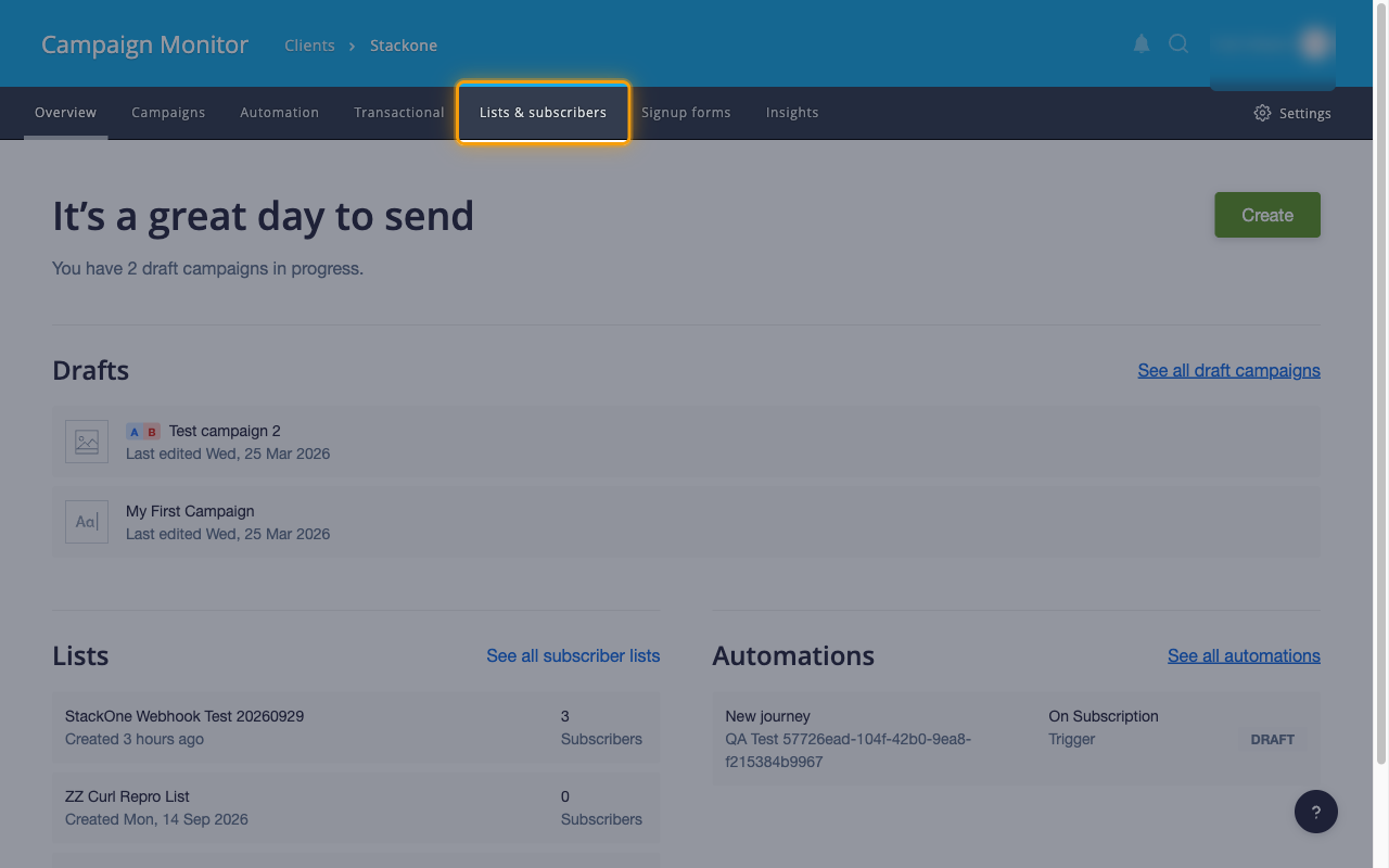 The Campaign Monitor client overview with Lists & subscribers highlighted in the top navigation