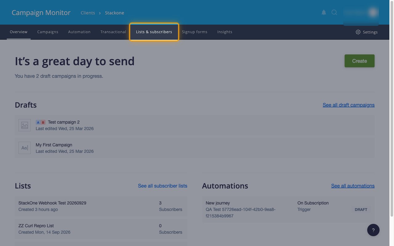 The Campaign Monitor client overview with Lists & subscribers highlighted in the top navigation