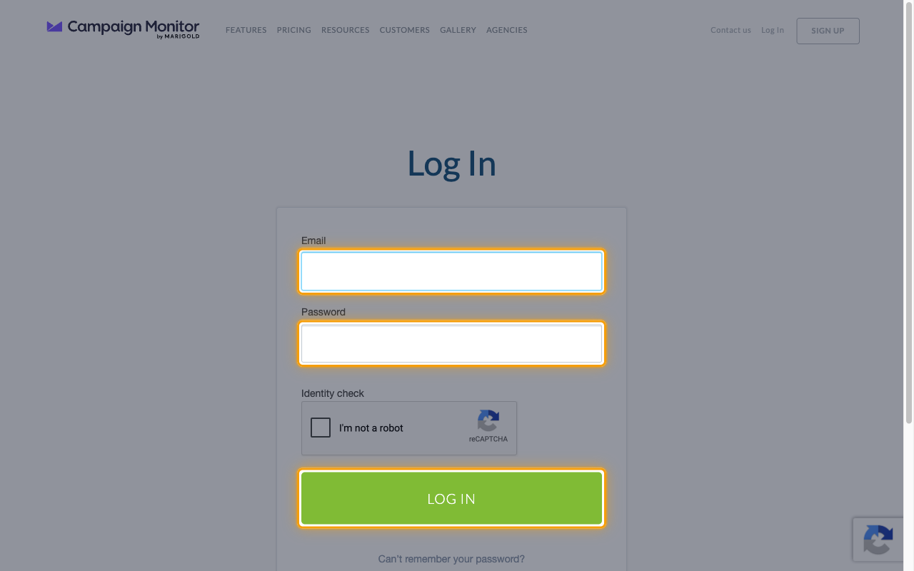 The Campaign Monitor Log In page with the Email field, Password field, and LOG IN button highlighted