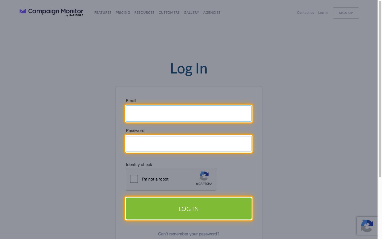 The Campaign Monitor Log In page with the Email field, Password field, and LOG IN button highlighted