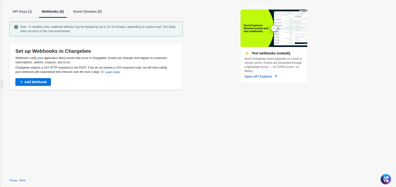 The Webhooks tab under API Keys and Events with the Add Webhook button.