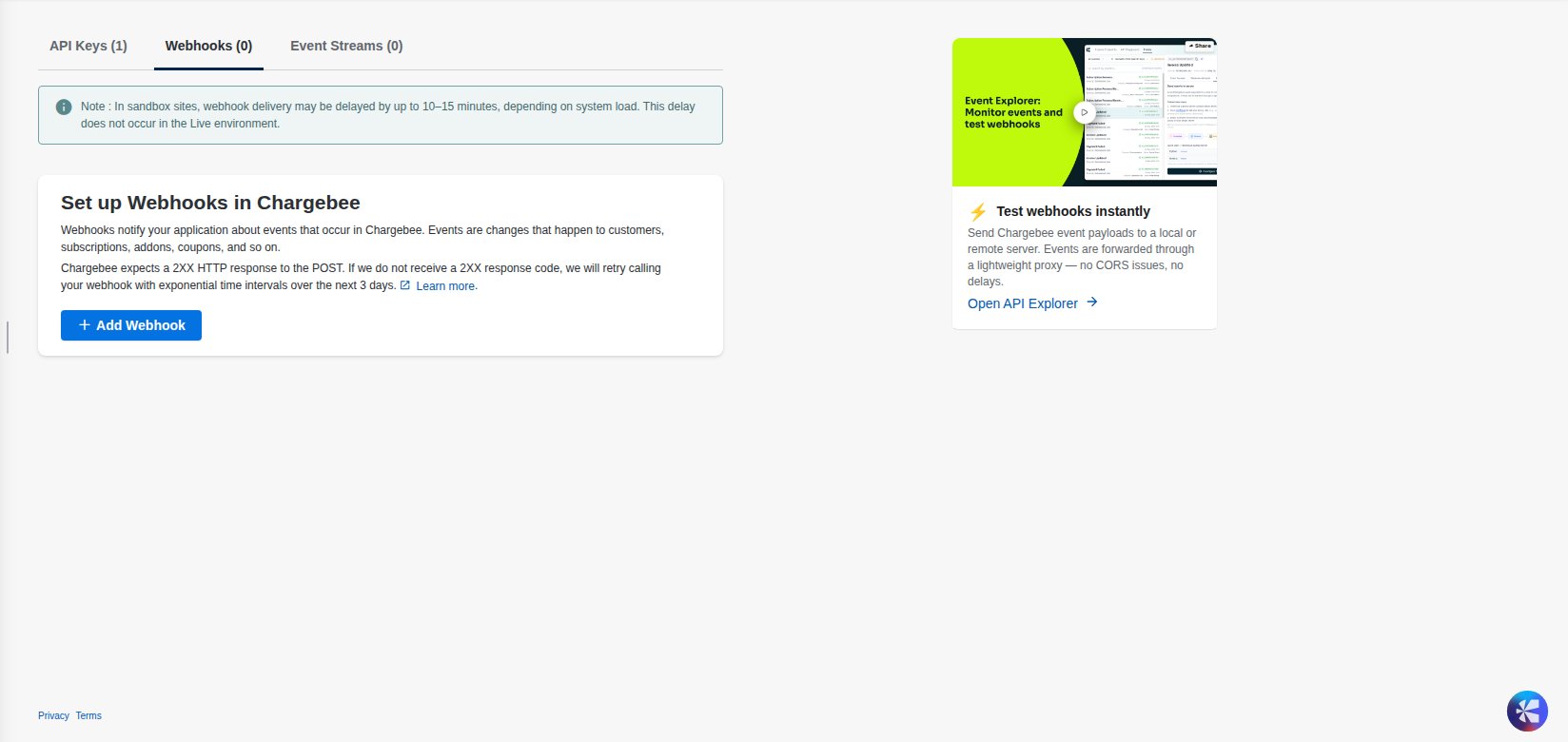 The Webhooks tab under API Keys and Events with the Add Webhook button.