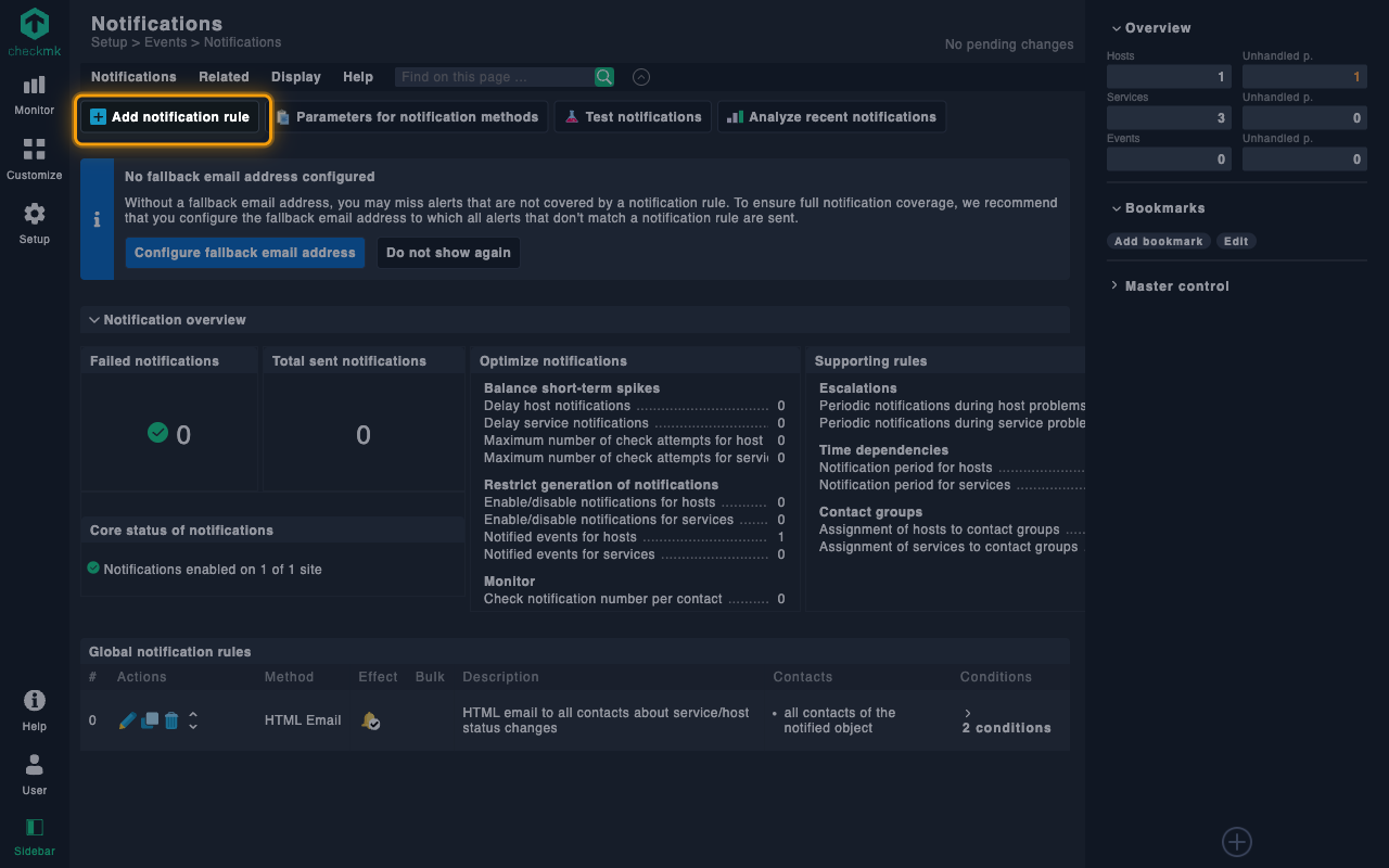 Notifications page with the Add notification rule button highlighted