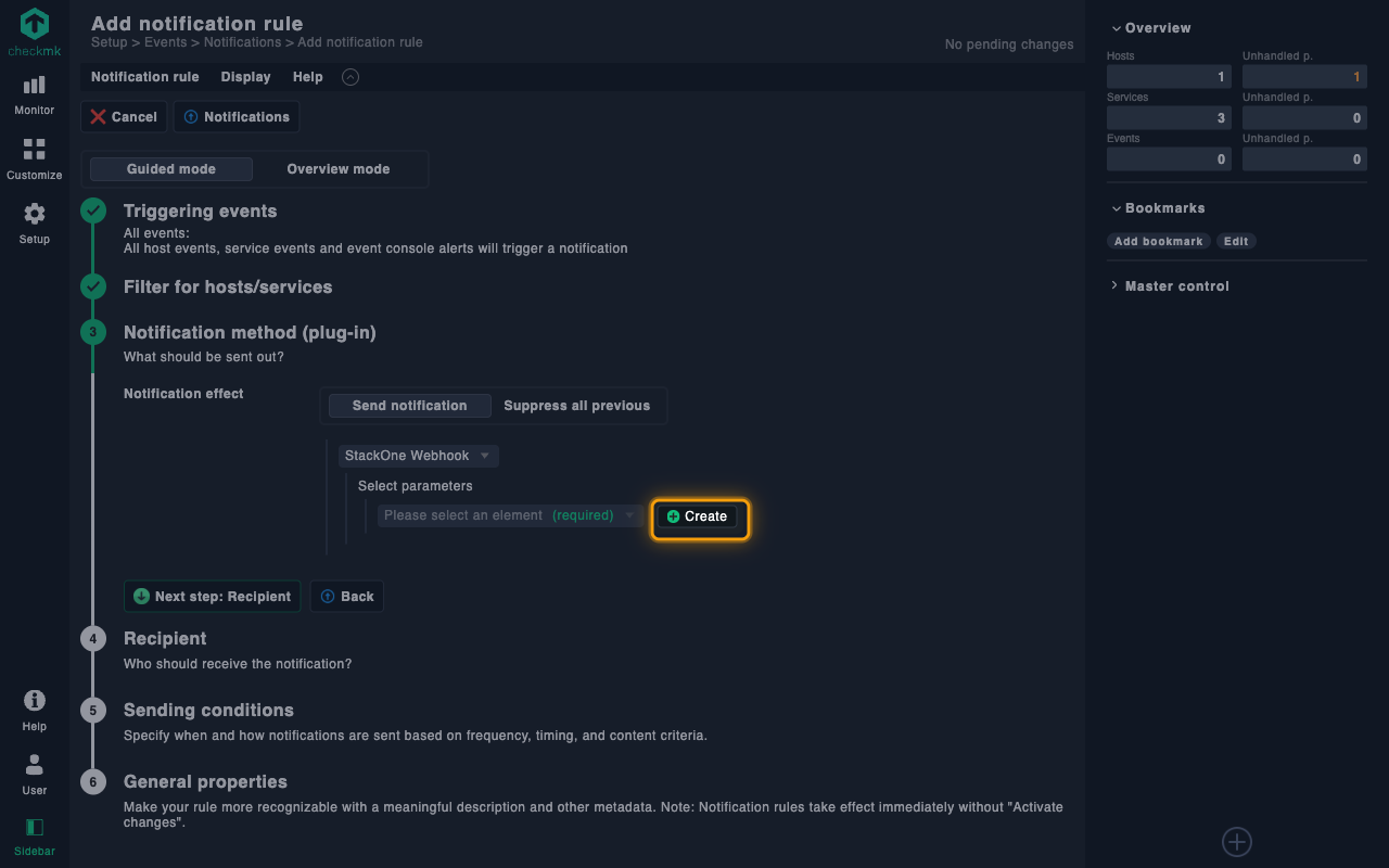 Select parameters row with the Create button highlighted