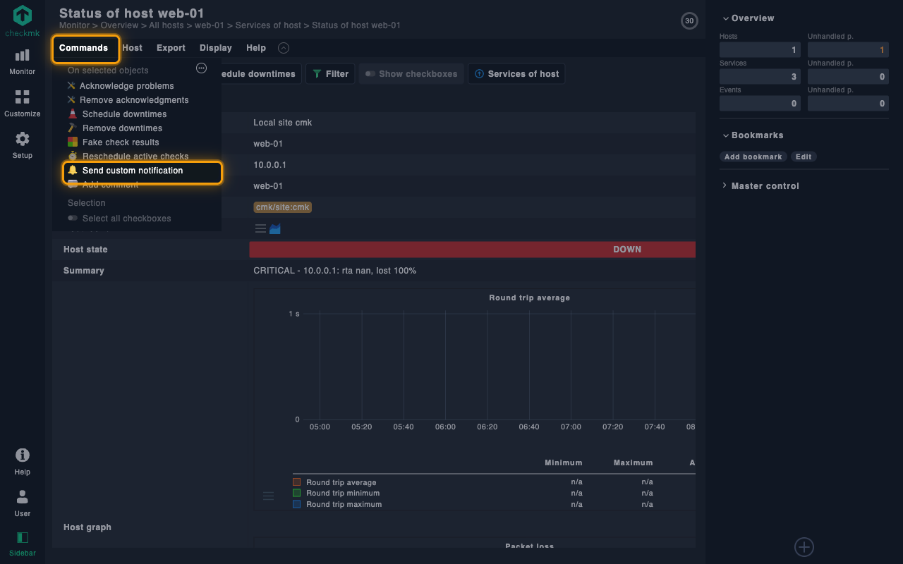 Host status page with the Commands menu open and Send custom notification highlighted