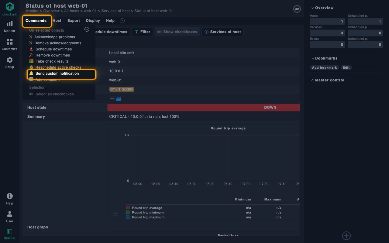 Host status page with the Commands menu open and Send custom notification highlighted