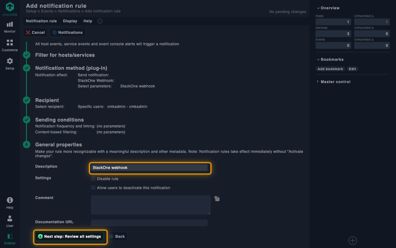 General properties stage with the Description field and the review button highlighted