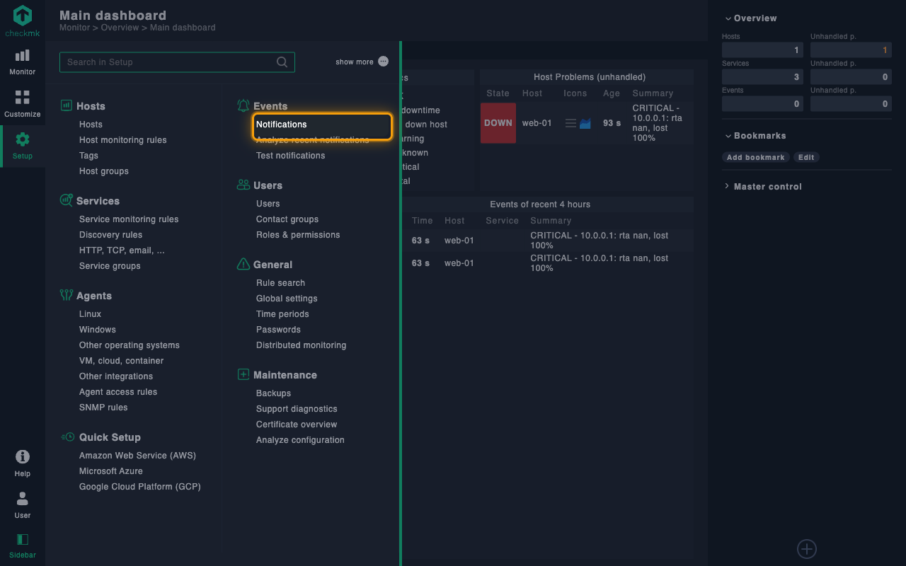 Checkmk Setup menu with Notifications highlighted in the Events section