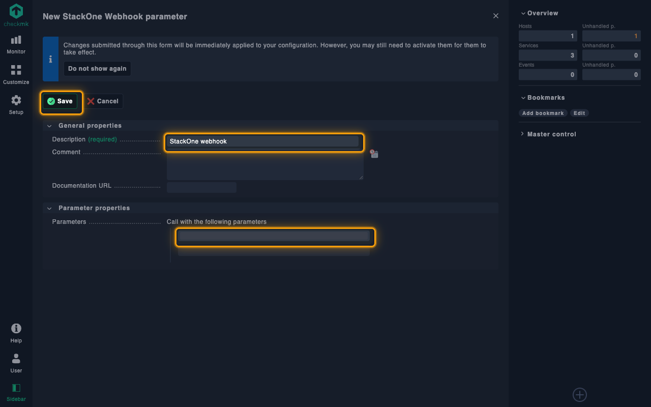 New StackOne Webhook parameter form with the Description field, the first parameter field and the Save button highlighted