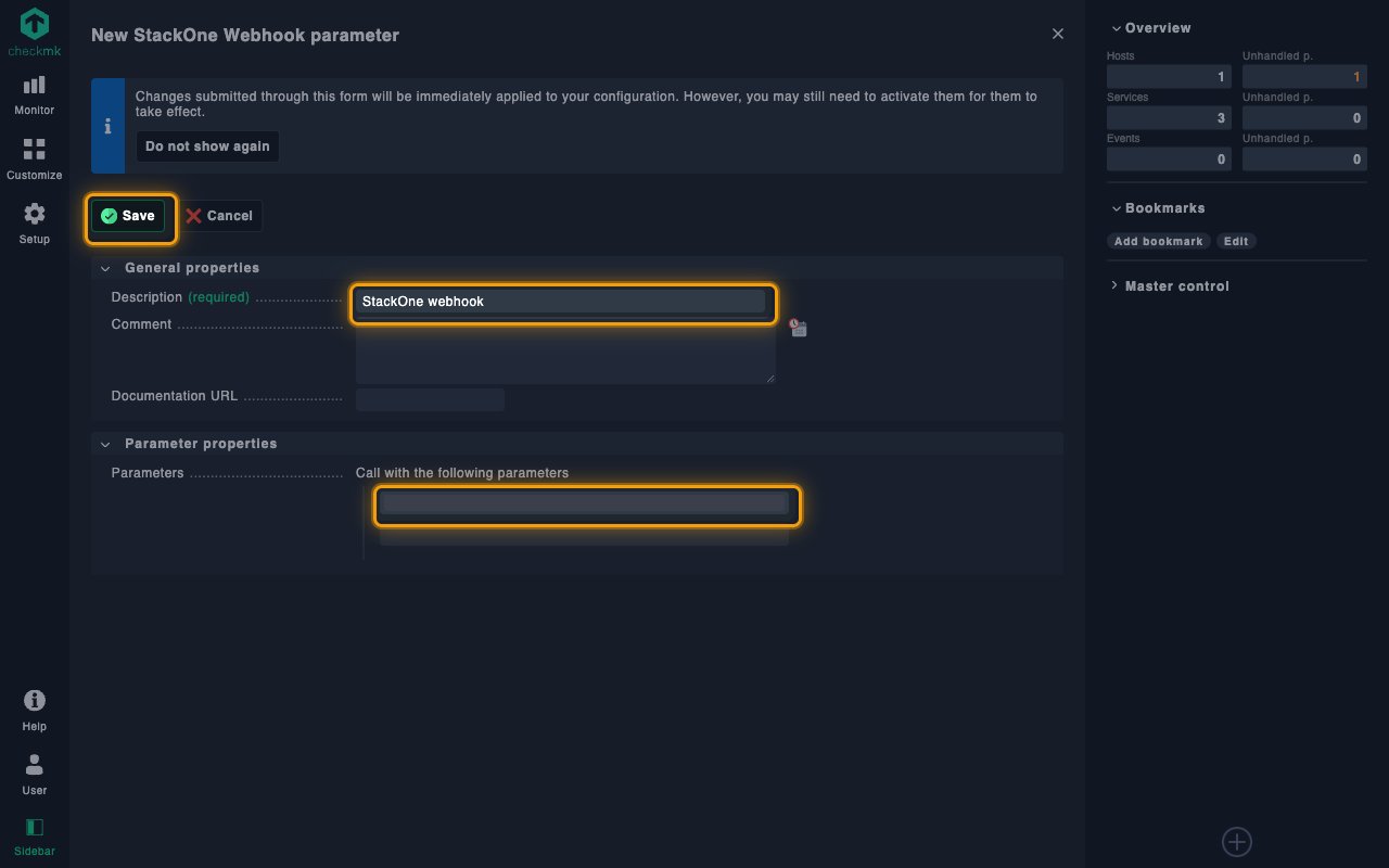 New StackOne Webhook parameter form with the Description field, the first parameter field and the Save button highlighted