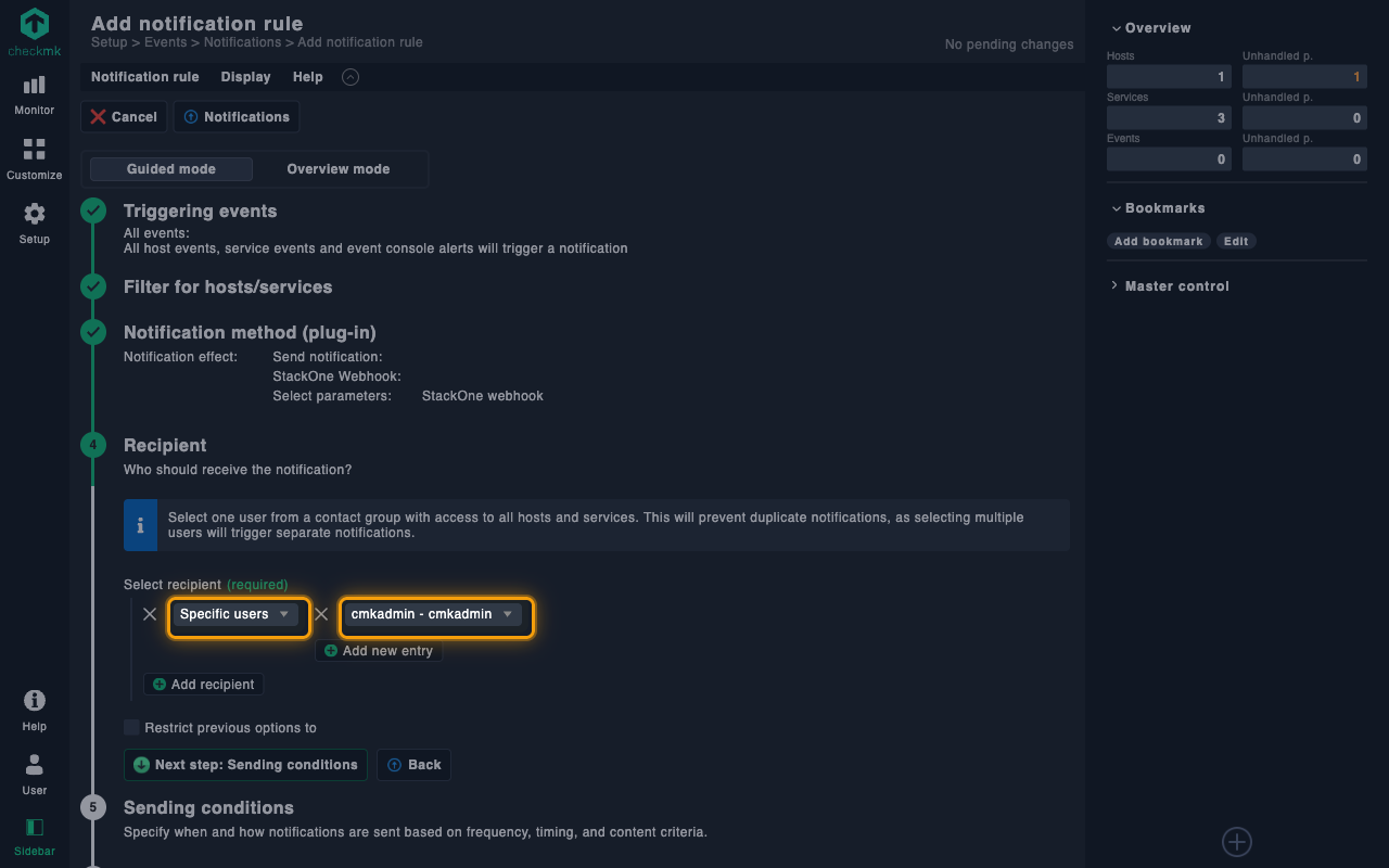 Recipient stage with Specific users and the selected user highlighted