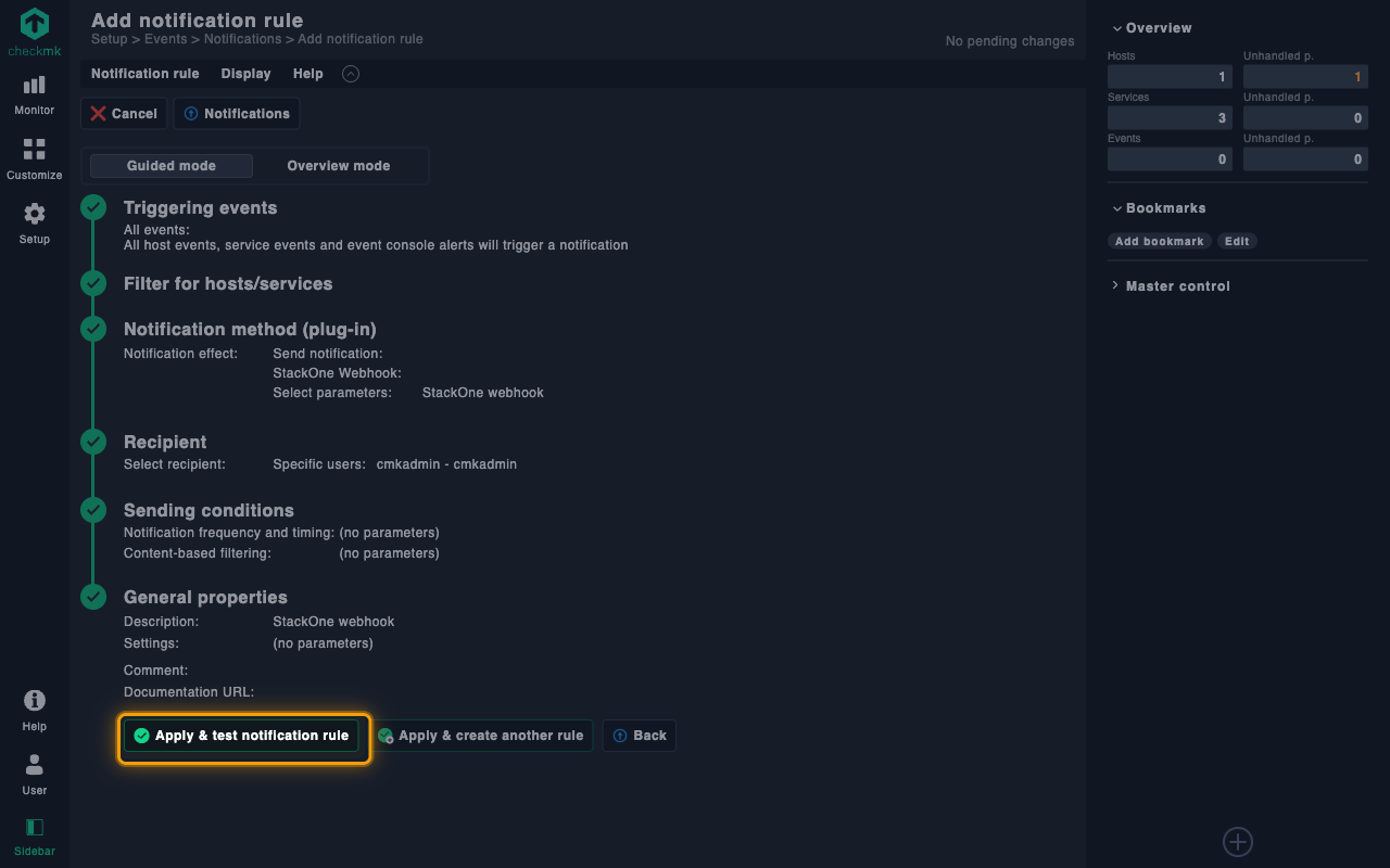 Rule summary with the Apply and test notification rule button highlighted