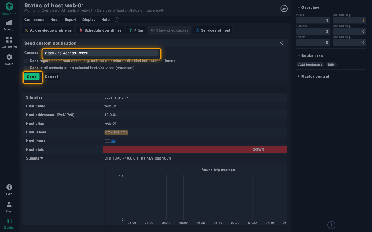 Send custom notification form with the Comment field and the Send button highlighted