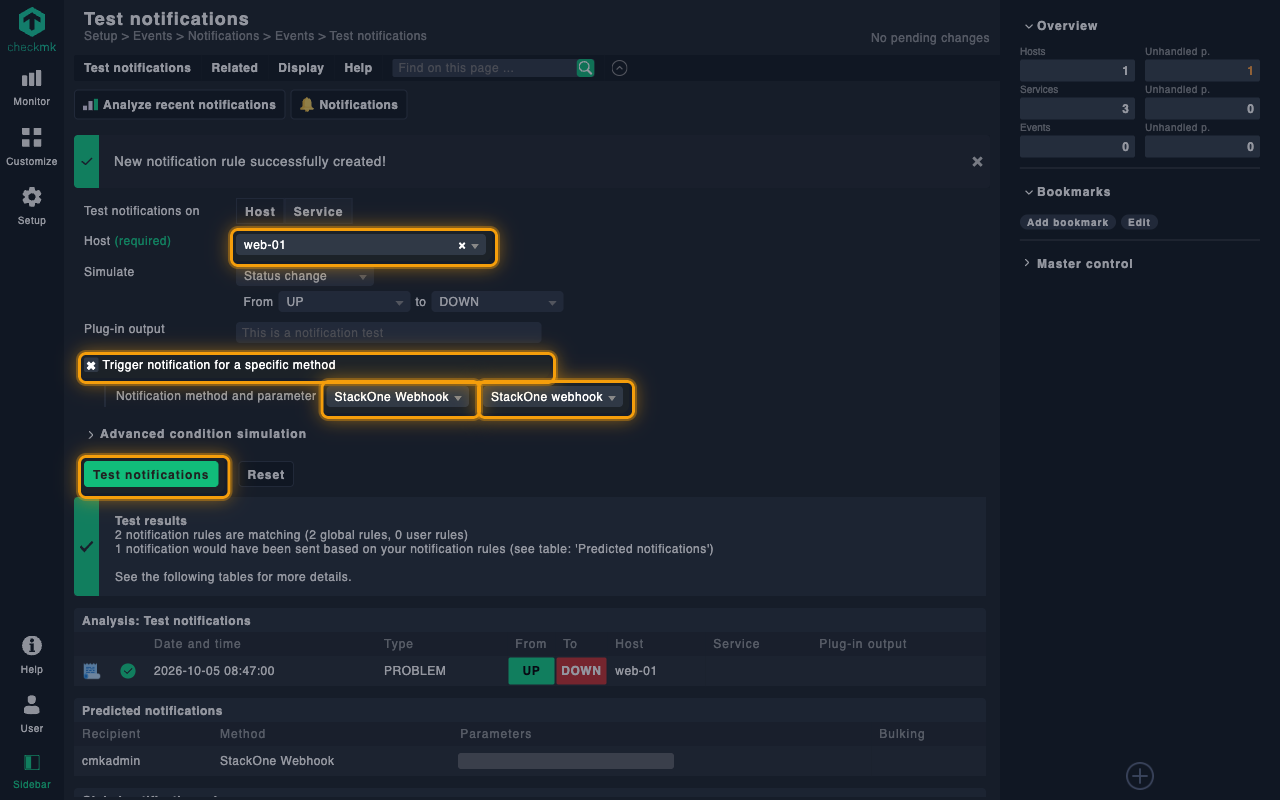 Test notifications page with the Host, Trigger notification for a specific method, method and Test notifications controls highlighted