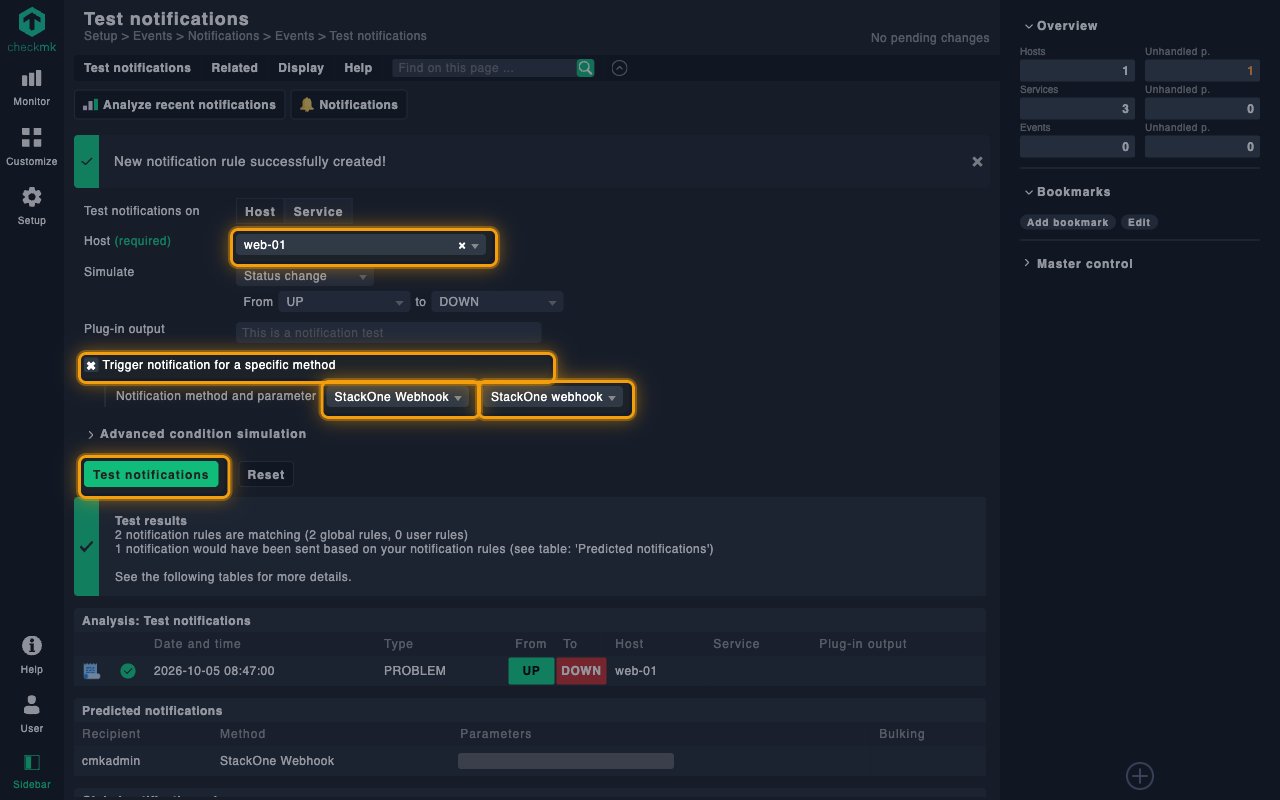 Test notifications page with the Host, Trigger notification for a specific method, method and Test notifications controls highlighted