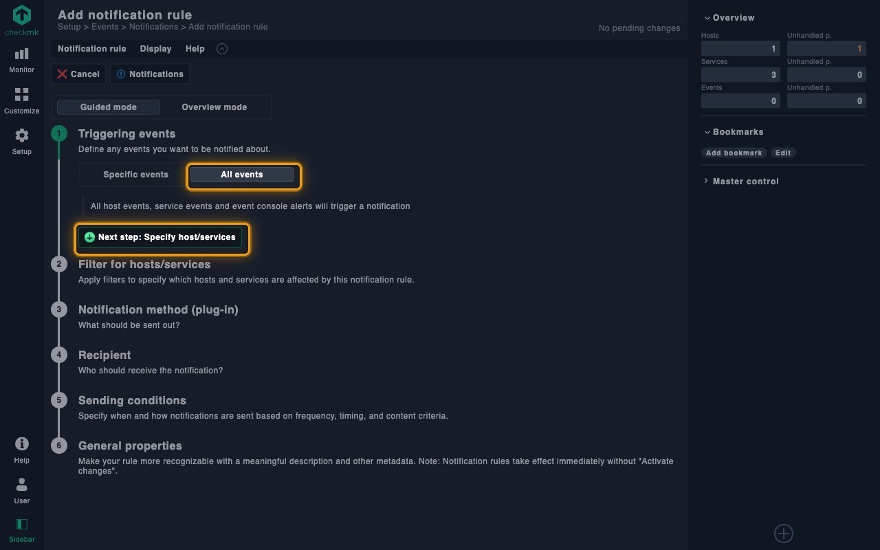 Triggering events stage with the All events toggle and the Next step button highlighted