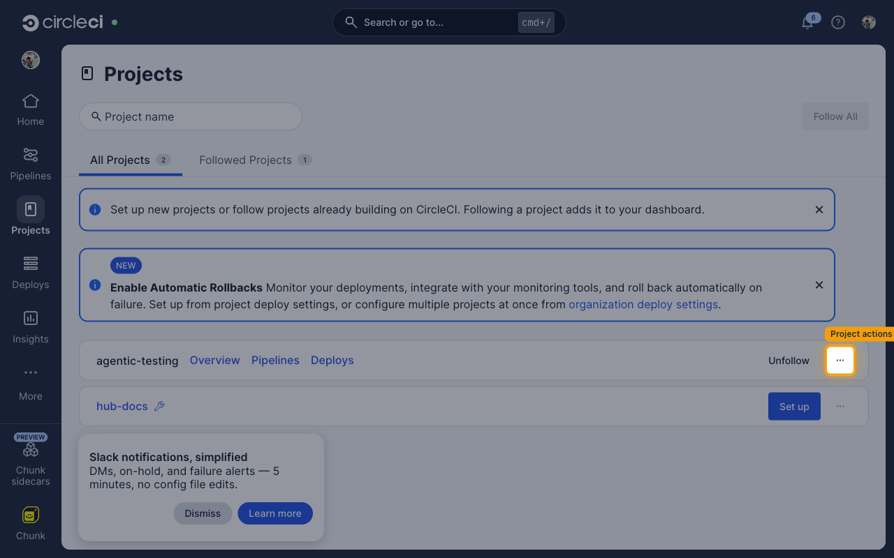 The projects list with the project actions button for a project