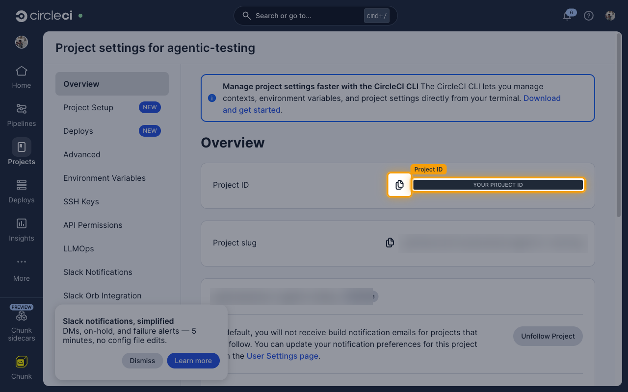 The Overview tab showing the Project ID field and its copy icon
