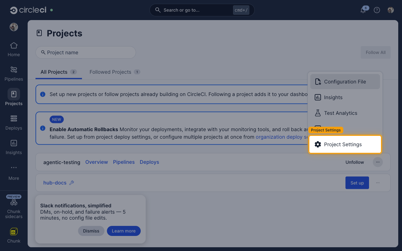 The project actions menu with Project Settings