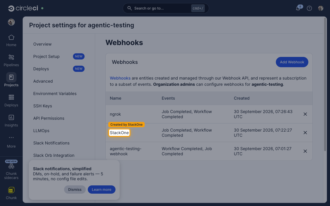 The Webhooks tab listing the StackOne webhook with its subscribed events