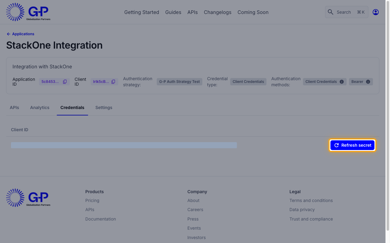 The application Credentials tab listing the Client ID with the Refresh secret button highlighted