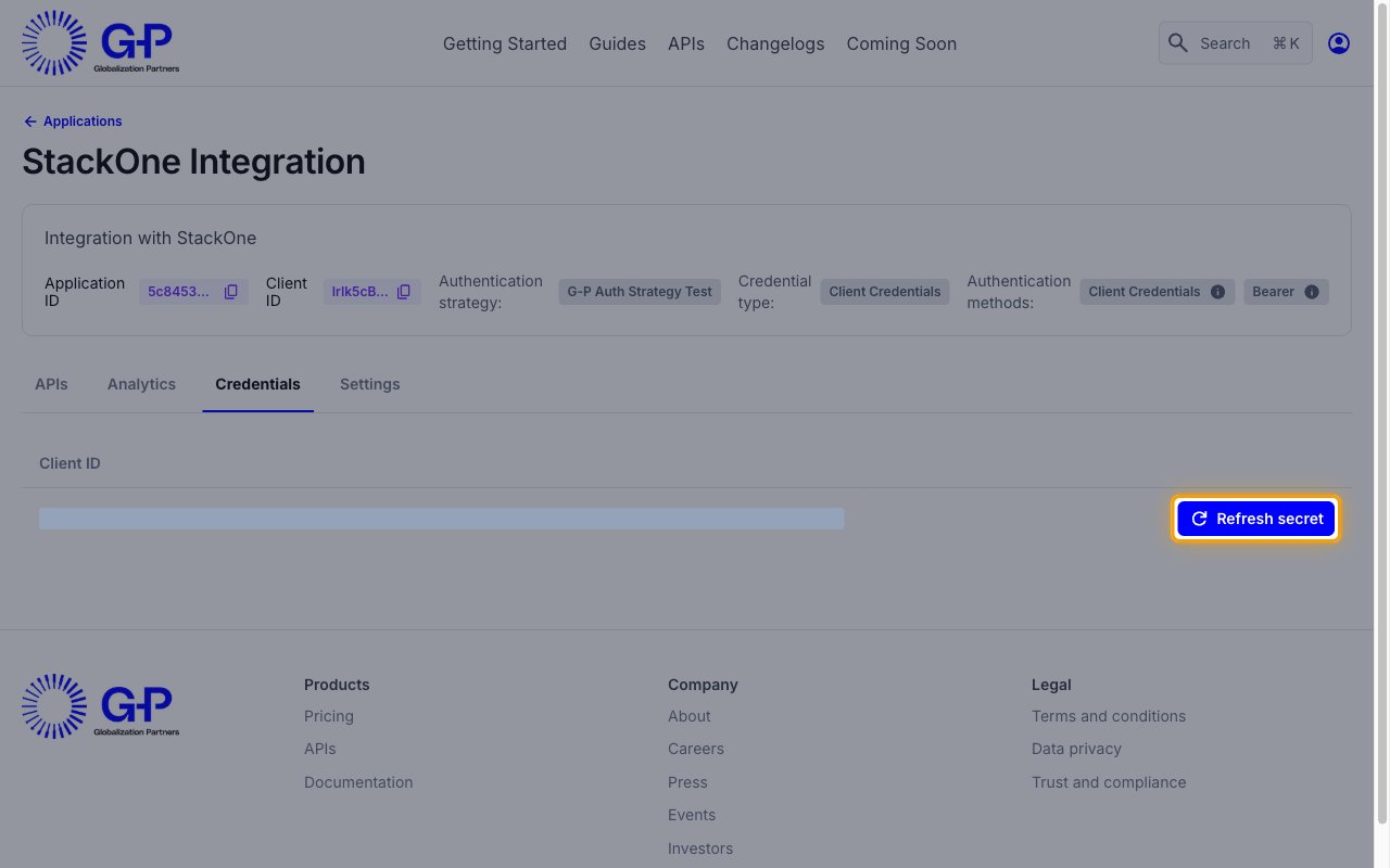 The application Credentials tab listing the Client ID with the Refresh secret button highlighted