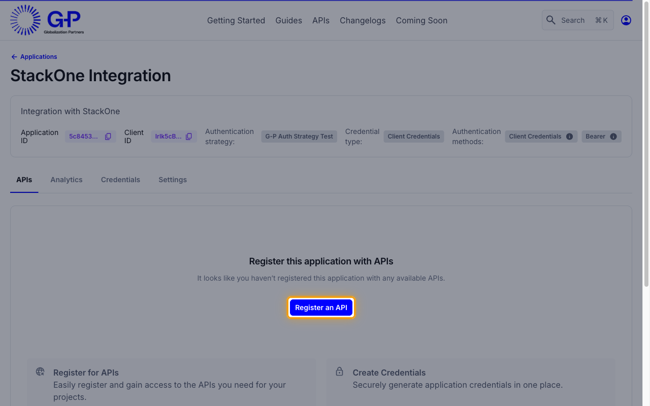 The application APIs tab with the Register an API button highlighted