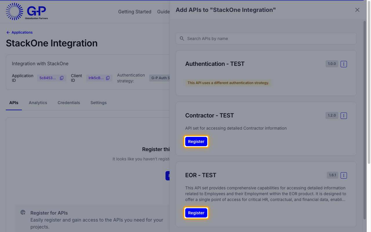 The Add APIs panel listing the Contractor and EOR API sets with their Register buttons highlighted