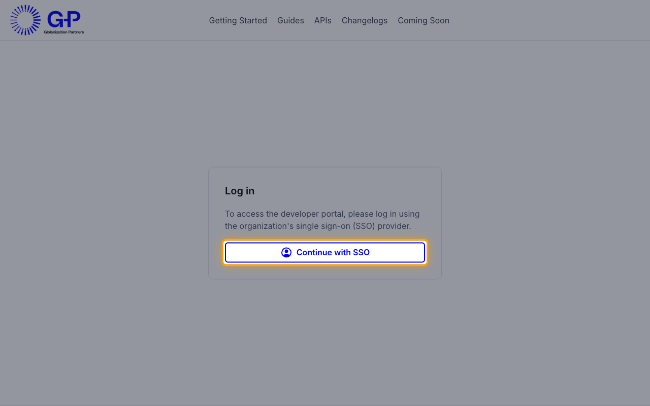 The developer portal log in card with the Continue with SSO button highlighted
