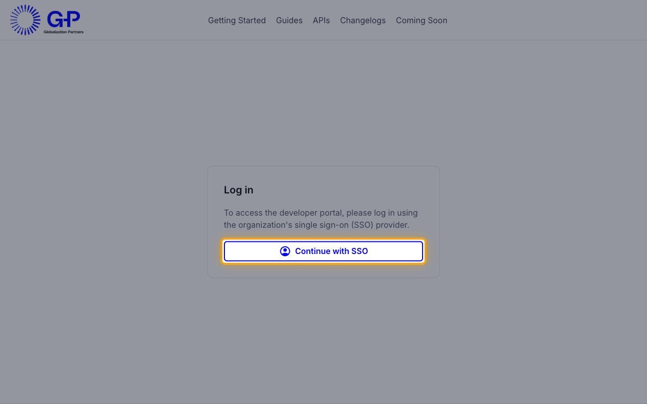 The developer portal log in card with the Continue with SSO button highlighted