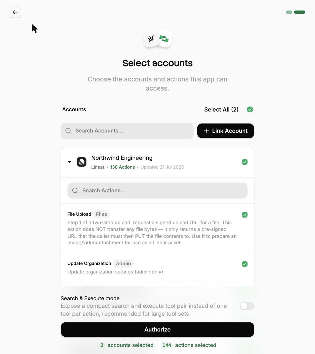 An expanded linked account showing individual actions with toggles, descriptions, and category tags