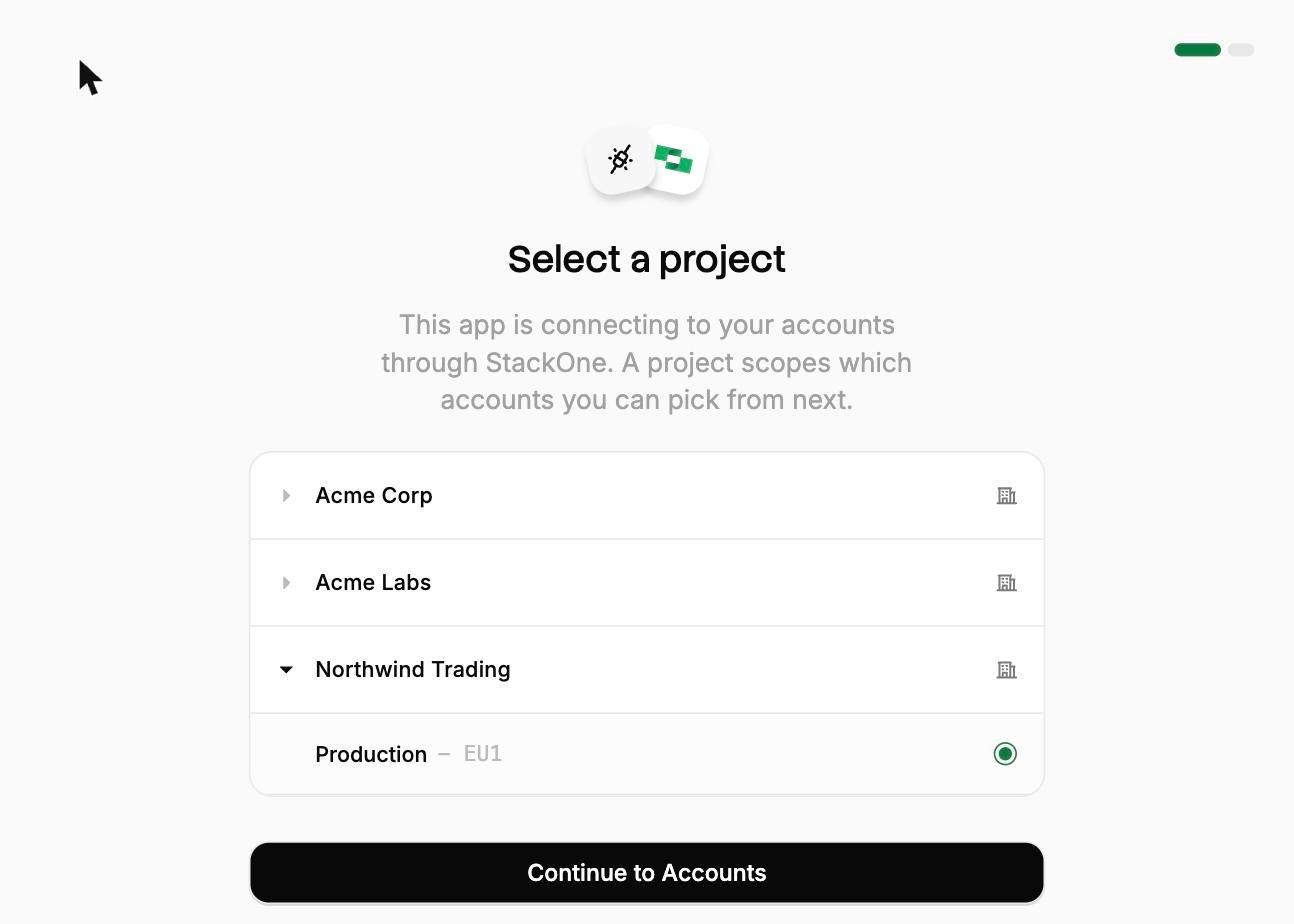 StackOne authorization screen listing organizations, with a project selected inside one of them