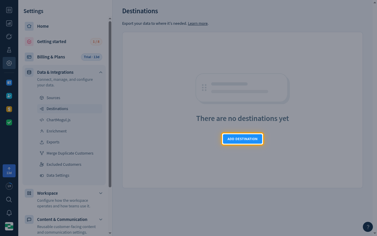 ChartMogul Destinations page with the ADD DESTINATION button highlighted