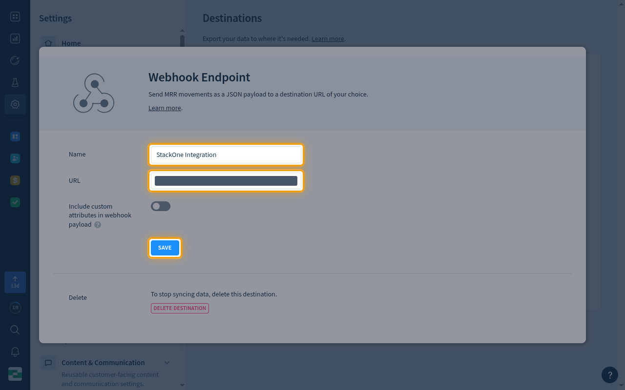 ChartMogul Webhook Endpoint form with the Name field, the URL field and the SAVE button highlighted
