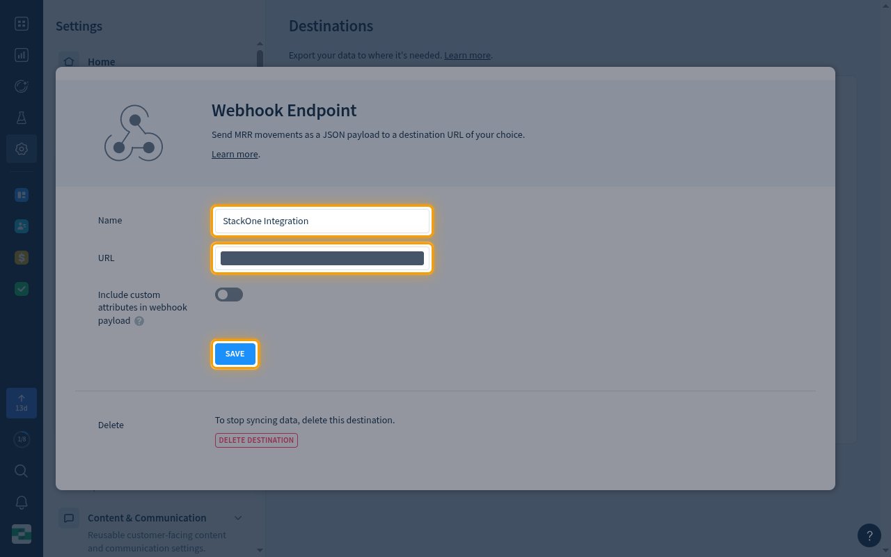 ChartMogul Webhook Endpoint form with the Name field, the URL field and the SAVE button highlighted