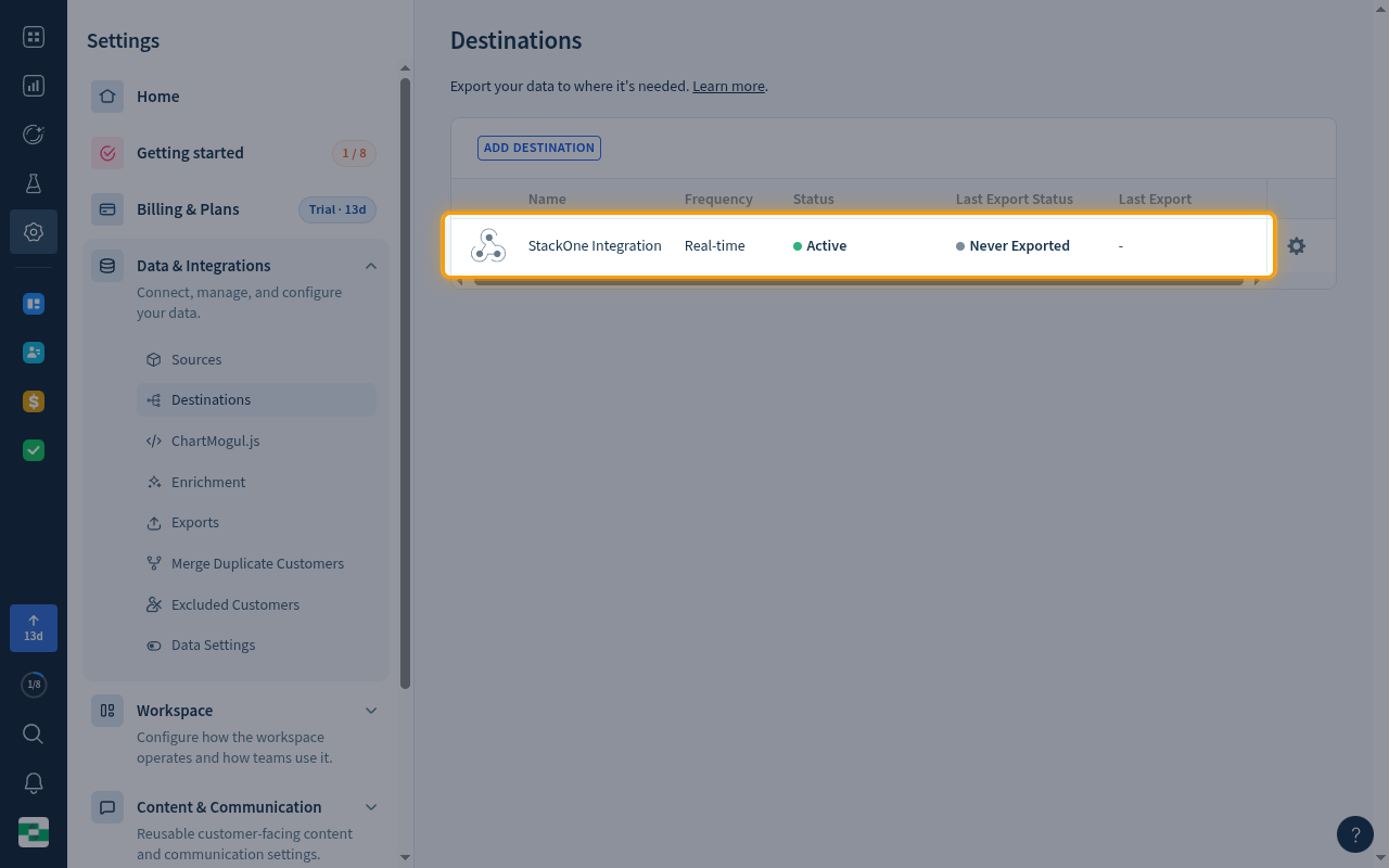 ChartMogul Destinations table with the new StackOne Integration webhook row highlighted, showing Real-time and Active