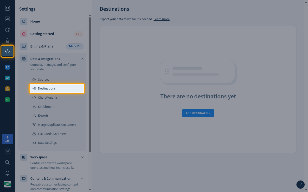 ChartMogul Settings page with the Settings gear icon and the Destinations link highlighted