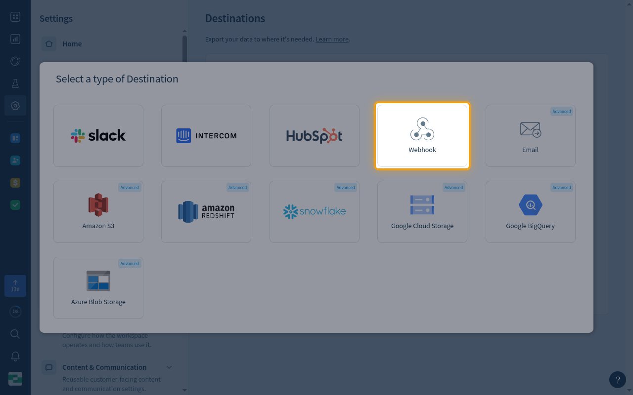 ChartMogul Select a type of Destination dialog with the Webhook tile highlighted