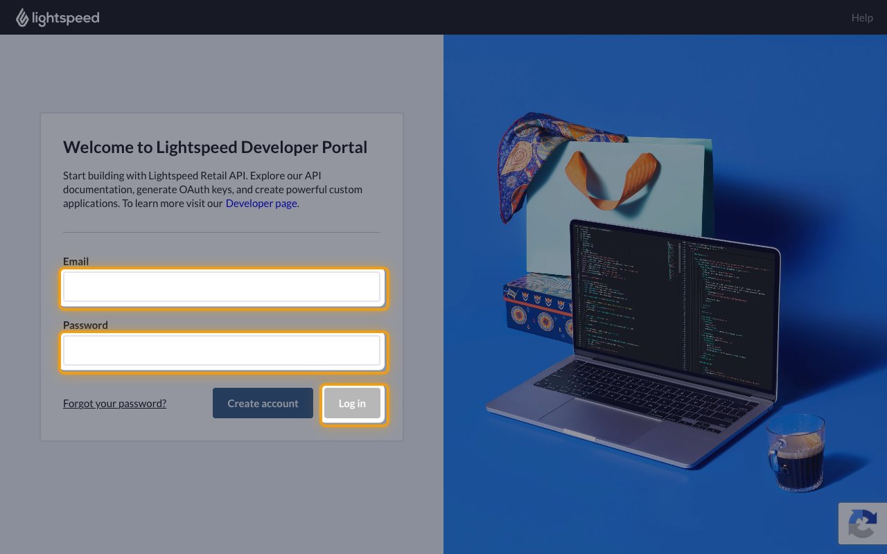 The Lightspeed Developer Portal sign-in page with the Email, Password and Log in controls highlighted