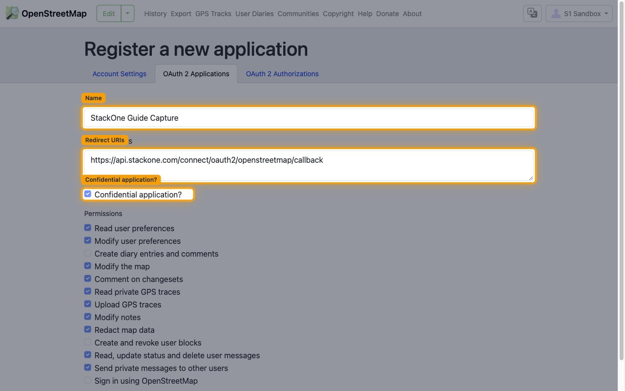 Register a new application form showing the Name field, Redirect URIs field with the StackOne callback URL, and the Confidential application checkbox.